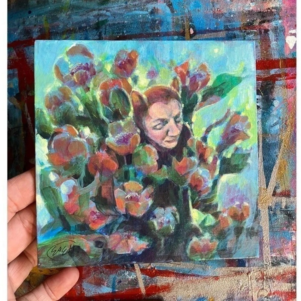 Original Painting Cat Woman fairy art surrealism Ooak floral artwork Artettina